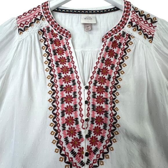 Knox Rose Embroidered Bohemian Style White Top 3/4 Sleeve V-neck Button Front, M - Picture 3 of 11